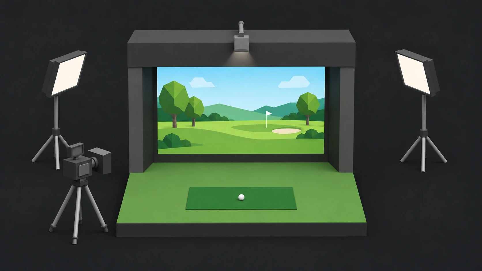 Simplified 3D film-set concept with a golf simulator, cinema camera and studio lights