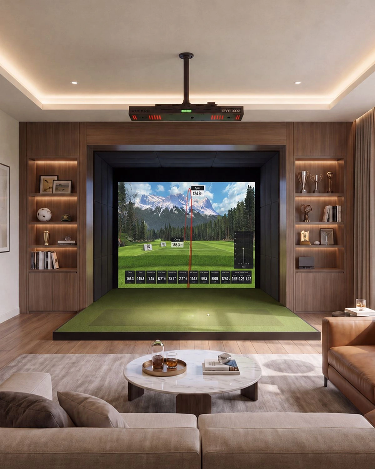 Uneekor EYE XO2 installed above a furnished home golf simulator, from Uneekor’s product gallery