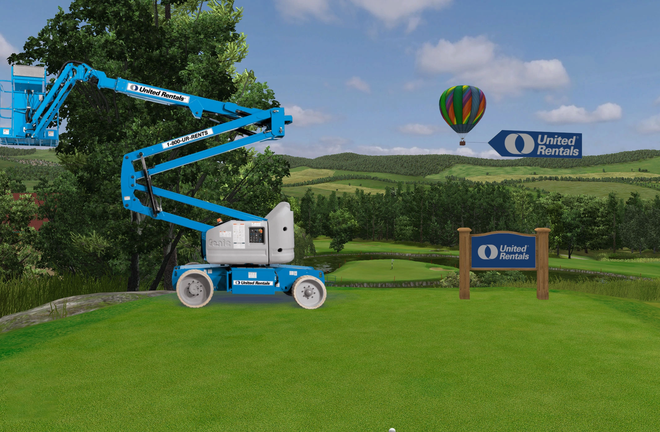 United Rentals custom golf software mockup with branded equipment, course signage and a balloon banner